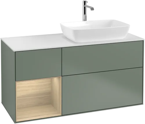 VILLEROY BOCH Toaletní skříňka Finion, s osvětlením, 3 výsuvy, 1200 x 603 x 501 mm, olivový matný lak / dubová dýha / sklo bílé matné #F801PCGM, obrázek 1