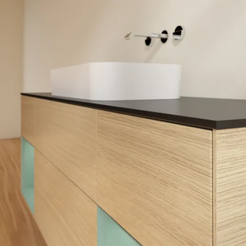 VILLEROY BOCH Toaletní skříňka Finion, s osvětlením, 4 výsuvy, 1600 x 603 x 501 mm, dubová dýha / olivově matný lak / sklo černé matné #F742GMPC, obrázek 6