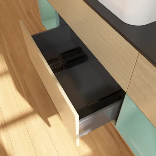 VILLEROY BOCH Toaletní skříňka Finion, s osvětlením, 4 výsuvy, 1600 x 603 x 501 mm, dubová dýha / olivově matný lak / sklo černé matné #F742GMPC, obrázek 7