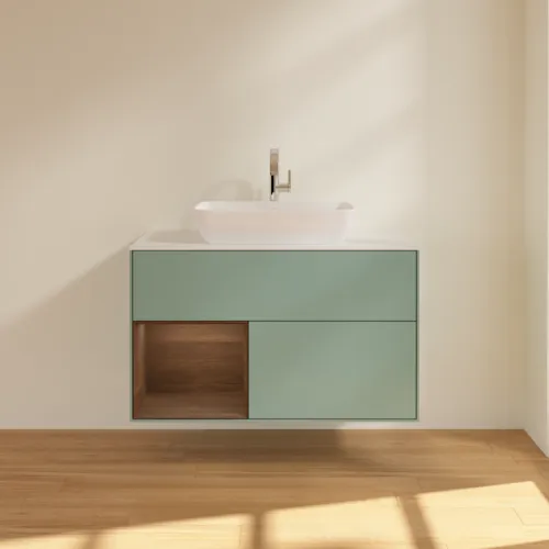 VILLEROY BOCH Toaletní skříňka Finion, s osvětlením, 2 výsuvy, 1000 x 603 x 501 mm, olivový matný lak / ořechová dýha / sklo bílé matné #F771GNGM, obrázek 3