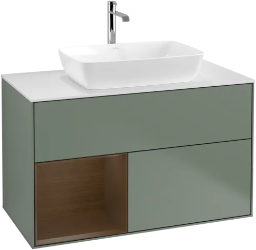 VILLEROY BOCH Toaletní skříňka Finion, s osvětlením, 2 výsuvy, 1000 x 603 x 501 mm, olivový matný lak / ořechová dýha / sklo bílé matné #F771GNGM, obrázek 1