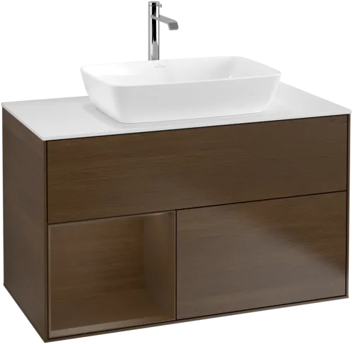 VILLEROY BOCH Toaletní stolek Finion, s osvětlením, 2 výsuvy, 1000 x 603 x 501 mm, ořechová dýha / ořechová dýha / sklo bílé matné #F771GNGN, obrázek 1