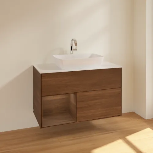 VILLEROY BOCH Toaletní stolek Finion, s osvětlením, 2 výsuvy, 1000 x 603 x 501 mm, ořechová dýha / ořechová dýha / sklo bílé matné #F771GNGN, obrázek 2