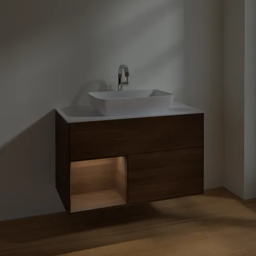 VILLEROY BOCH Toaletní stolek Finion, s osvětlením, 2 výsuvy, 1000 x 603 x 501 mm, ořechová dýha / ořechová dýha / sklo bílé matné #F771GNGN, obrázek 5