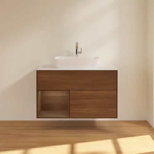 VILLEROY BOCH Toaletní stolek Finion, s osvětlením, 2 výsuvy, 1000 x 603 x 501 mm, ořechová dýha / ořechová dýha / sklo bílé matné #F771GNGN, obrázek 3