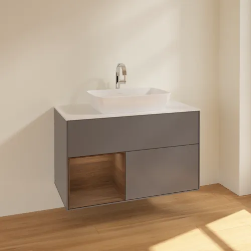 VILLEROY BOCH Toaletní skříňka Finion, s osvětlením, 2 výsuvy, 1000 x 603 x 501 mm, antracit matný lak / ořechová dýha / sklo bílé matné #F771GNGK, obrázek 2