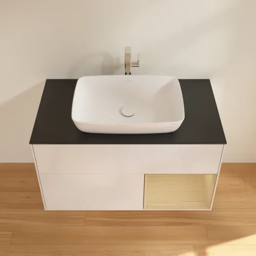 VILLEROY BOCH Toaletní skříňka Finion, s osvětlením, 2 výsuvy, 1000 x 603 x 501 mm, lesklý bílý lak / dubová dýha / černé matné sklo #F782PCGF, obrázek 4