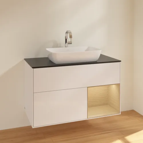 VILLEROY BOCH Toaletní skříňka Finion, s osvětlením, 2 výsuvy, 1000 x 603 x 501 mm, lesklý bílý lak / dubová dýha / černé matné sklo #F782PCGF, obrázek 2