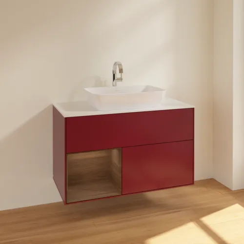 VILLEROY BOCH Toaletní skříňka Finion, s osvětlením, 2 výsuvy, 1000 x 603 x 501 mm, matný lak Peony / ořechová dýha / bílé matné sklo #F771GNHB, obrázek 2