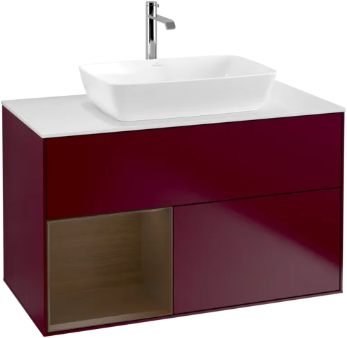 VILLEROY BOCH Toaletní skříňka Finion, s osvětlením, 2 výsuvy, 1000 x 603 x 501 mm, matný lak Peony / ořechová dýha / bílé matné sklo #F771GNHB, obrázek 1