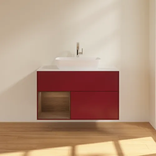 VILLEROY BOCH Toaletní skříňka Finion, s osvětlením, 2 výsuvy, 1000 x 603 x 501 mm, matný lak Peony / ořechová dýha / bílé matné sklo #F771GNHB, obrázek 3