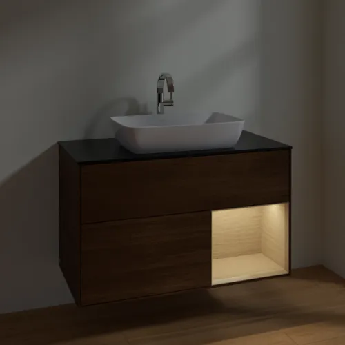 VILLEROY BOCH Toaletní stolek Finion, s osvětlením, 2 výsuvy, 1000 x 603 x 501 mm, ořechová dýha / dubová dýha / sklo černé matné #F782PCGN, obrázek 5