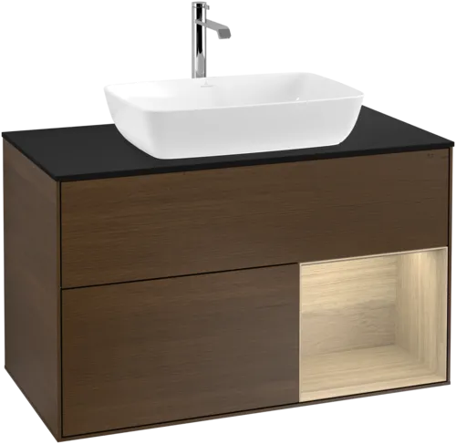 VILLEROY BOCH Toaletní stolek Finion, s osvětlením, 2 výsuvy, 1000 x 603 x 501 mm, ořechová dýha / dubová dýha / sklo černé matné #F782PCGN, obrázek 1