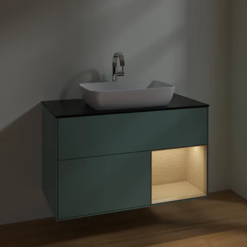 VILLEROY BOCH Toaletní skříňka Finion, s osvětlením, 2 výsuvy, 1000 x 603 x 501 mm, olivový matný lak / dubová dýha / sklo černé matné #F782PCGM, obrázek 5