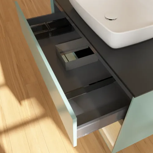 VILLEROY BOCH Toaletní skříňka Finion, s osvětlením, 2 výsuvy, 1000 x 603 x 501 mm, olivový matný lak / dubová dýha / sklo černé matné #F782PCGM, obrázek 8