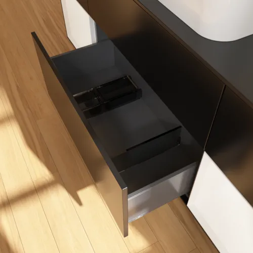 VILLEROY BOCH Toaletní skříňka Finion, s osvětlením, 4 výsuvy, 1600 x 603 x 501 mm, černý matný lak / bílý matný lak / černé matné sklo #F332MTPD, obrázek 7