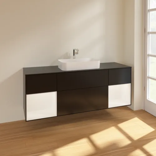 VILLEROY BOCH Toaletní skříňka Finion, s osvětlením, 4 výsuvy, 1600 x 603 x 501 mm, černý matný lak / bílý matný lak / černé matné sklo #F332MTPD, obrázek 2