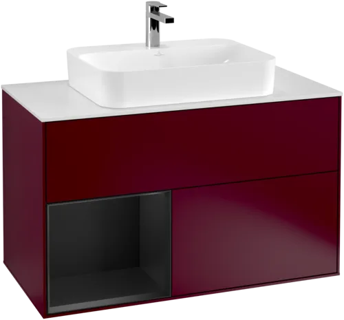 VILLEROY BOCH Toaletní skříňka Finion, s osvětlením, 2 výsuvy, 1000 x 603 x 501 mm, Pivoňka matný lak / Černý matný lak / Sklo bílé matné #F361PDHB