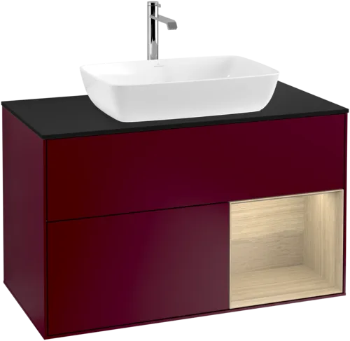 VILLEROY BOCH Toaletní stolek Finion, s osvětlením, 2 výsuvy, 1000 x 603 x 501 mm, matný lak Peony / dubová dýha / černé matné sklo #F782PCHB, obrázek 1
