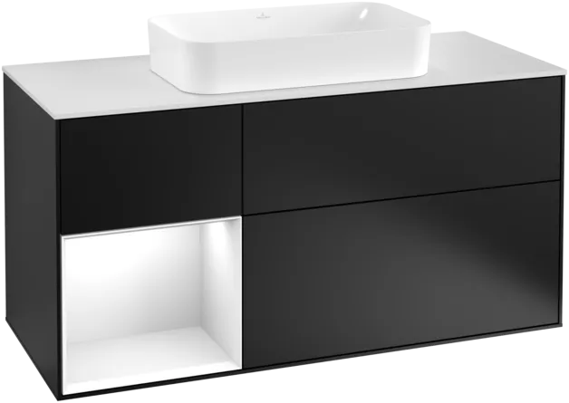 VILLEROY BOCH Toaletní skříňka Finion, s osvětlením, 3 výsuvy, 1200 x 603 x 501 mm, černý matný lak / bílý lesklý lak / bílé matné sklo #F291GFPD