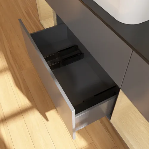 VILLEROY BOCH Toaletní skříňka Finion, s osvětlením, 4 výsuvy, 1600 x 603 x 501 mm, antracitový matný lak / dubová dýha / černé matné sklo #F742PCGK, obrázek 7