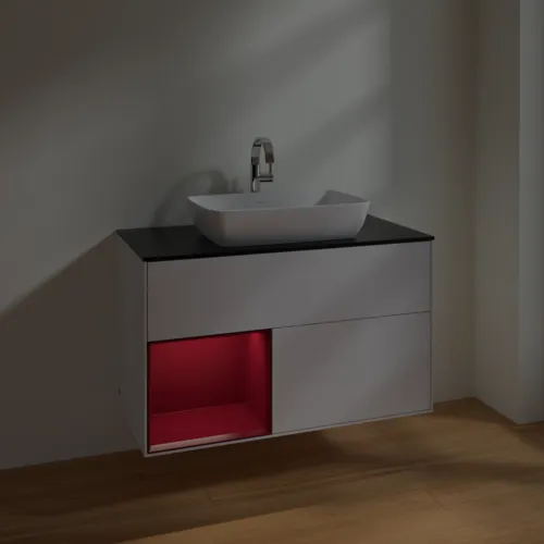 VILLEROY BOCH Toaletní skříňka Finion, s osvětlením, 2 výsuvy, 1000 x 603 x 501 mm, lesklý bílý lak / matný lak Pivoňka / matné černé sklo #F772HBGF, obrázek 5