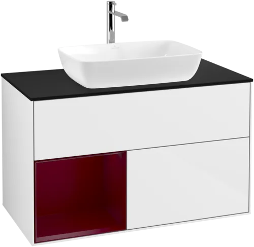 VILLEROY BOCH Toaletní skříňka Finion, s osvětlením, 2 výsuvy, 1000 x 603 x 501 mm, lesklý bílý lak / matný lak Pivoňka / matné černé sklo #F772HBGF, obrázek 1