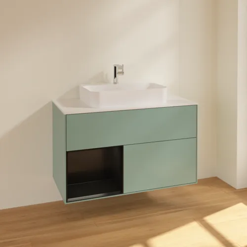 VILLEROY BOCH Toaletní skříňka Finion, s osvětlením, 2 výsuvy, 1000 x 603 x 501 mm, olivový matný lak / černý matný lak / bílé matné sklo #F361PDGM, obrázek 2