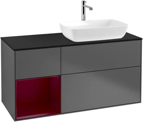 VILLEROY BOCH Toaletní skříňka Finion, s osvětlením, 3 výsuvy, 1200 x 603 x 501 mm, antracitový matný lak / pivoňkový matný lak / černé matné sklo #F802HBGK, obrázek 1