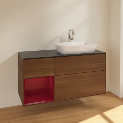 VILLEROY BOCH Toaletní skříňka Finion, s osvětlením, 3 výsuvy, 1200 x 603 x 501 mm, ořechová dýha / matný lak Pivoňka / černé matné sklo #F802HBGN, obrázek 2