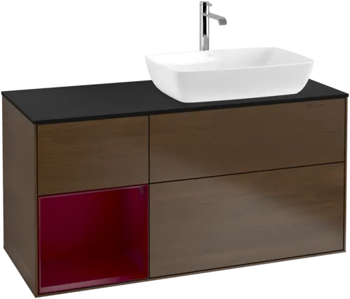 VILLEROY BOCH Toaletní skříňka Finion, s osvětlením, 3 výsuvy, 1200 x 603 x 501 mm, ořechová dýha / matný lak Pivoňka / černé matné sklo #F802HBGN, obrázek 1