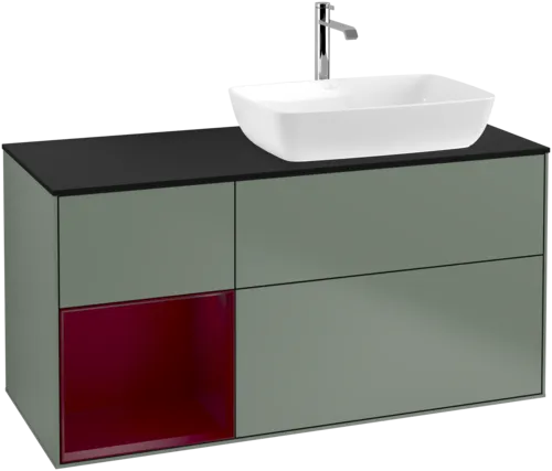 VILLEROY BOCH Toaletní skříňka Finion, s osvětlením, 3 výsuvy, 1200 x 603 x 501 mm, olivový matný lak / pivoňkový matný lak / černé matné sklo #F802HBGM