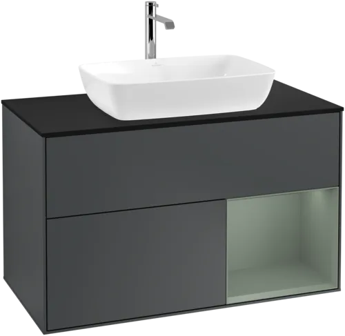VILLEROY BOCH Toaletní skříňka Finion, s osvětlením, 2 výsuvy, 1000 x 603 x 501 mm, Midnight Blue Matt Lacquer / Olive Matt Lacquer / Glass Black Matt #F782GMHG