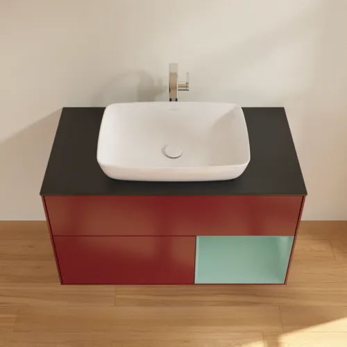 VILLEROY BOCH Toaletní skříňka Finion, s osvětlením, 2 výsuvy, 1000 x 603 x 501 mm, Pivoňka matný lak / Olivový matný lak / Sklo černé matné #F782GMHB, obrázek 4
