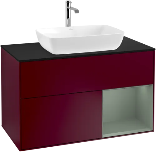VILLEROY BOCH Toaletní skříňka Finion, s osvětlením, 2 výsuvy, 1000 x 603 x 501 mm, Pivoňka matný lak / Olivový matný lak / Sklo černé matné #F782GMHB