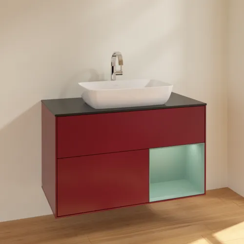 VILLEROY BOCH Toaletní skříňka Finion, s osvětlením, 2 výsuvy, 1000 x 603 x 501 mm, Pivoňka matný lak / Olivový matný lak / Sklo černé matné #F782GMHB, obrázek 2