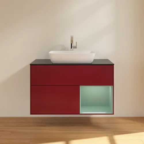 VILLEROY BOCH Toaletní skříňka Finion, s osvětlením, 2 výsuvy, 1000 x 603 x 501 mm, Pivoňka matný lak / Olivový matný lak / Sklo černé matné #F782GMHB, obrázek 3