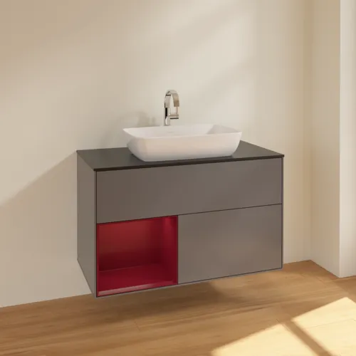 VILLEROY BOCH Toaletní skříňka Finion, s osvětlením, 2 výsuvy, 1000 x 603 x 501 mm, antracitový matný lak / pivoňkový matný lak / černé matné sklo #F772HBGK, obrázek 2