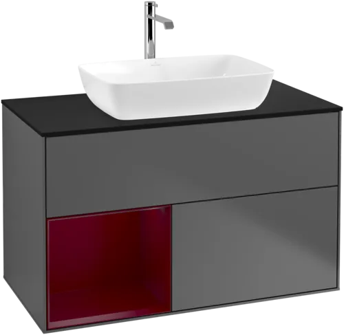 VILLEROY BOCH Toaletní skříňka Finion, s osvětlením, 2 výsuvy, 1000 x 603 x 501 mm, antracitový matný lak / pivoňkový matný lak / černé matné sklo #F772HBGK