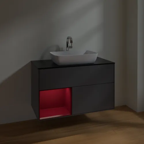 VILLEROY BOCH Toaletní skříňka Finion, s osvětlením, 2 výsuvy, 1000 x 603 x 501 mm, antracitový matný lak / pivoňkový matný lak / černé matné sklo #F772HBGK, obrázek 5