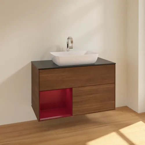 VILLEROY BOCH Toaletní skříňka Finion, s osvětlením, 2 výsuvy, 1000 x 603 x 501 mm, ořechová dýha / matný lak Pivoňka / černé matné sklo #F772HBGN, obrázek 2