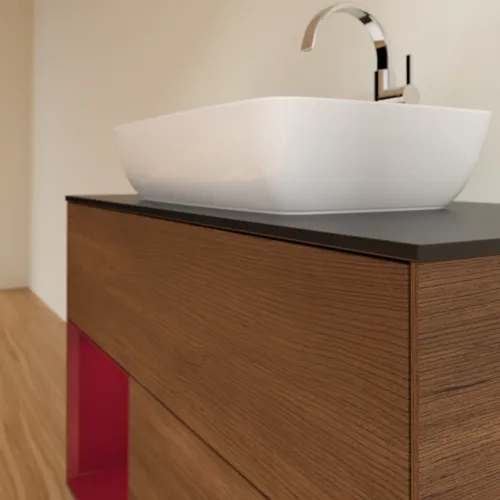 VILLEROY BOCH Toaletní skříňka Finion, s osvětlením, 2 výsuvy, 1000 x 603 x 501 mm, ořechová dýha / matný lak Pivoňka / černé matné sklo #F772HBGN, obrázek 6