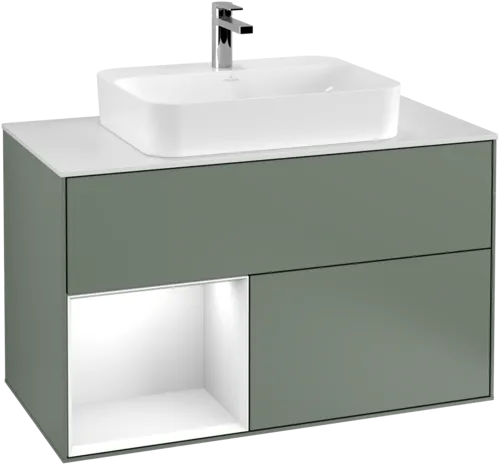 VILLEROY BOCH Toaletní skříňka Finion, s osvětlením, 2 výsuvy, 1000 x 603 x 501 mm, olivový matný lak / lesklý bílý lak / sklo bílé matné #F361GFGM