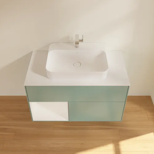 VILLEROY BOCH Toaletní skříňka Finion, s osvětlením, 2 výsuvy, 1000 x 603 x 501 mm, olivový matný lak / lesklý bílý lak / sklo bílé matné #F361GFGM, obrázek 4