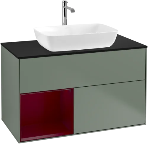 VILLEROY BOCH Toaletní skříňka Finion, s osvětlením, 2 výsuvy, 1000 x 603 x 501 mm, olivový matný lak / pivoňkový matný lak / černé matné sklo #F772HBGM, obrázek 1