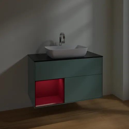 VILLEROY BOCH Toaletní skříňka Finion, s osvětlením, 2 výsuvy, 1000 x 603 x 501 mm, olivový matný lak / pivoňkový matný lak / černé matné sklo #F772HBGM, obrázek 5