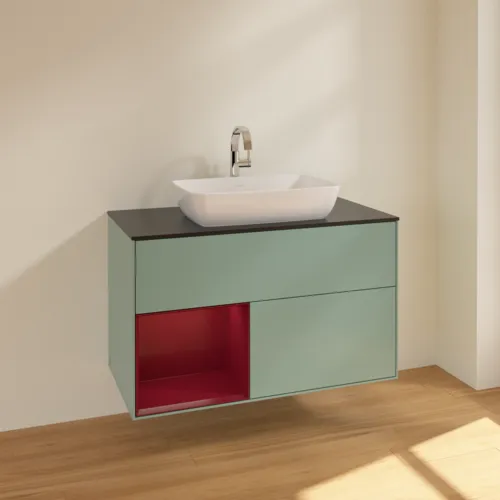 VILLEROY BOCH Toaletní skříňka Finion, s osvětlením, 2 výsuvy, 1000 x 603 x 501 mm, olivový matný lak / pivoňkový matný lak / černé matné sklo #F772HBGM, obrázek 2
