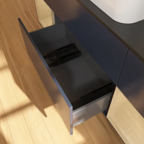 VILLEROY BOCH Toaletní skříňka Finion, s osvětlením, 4 výsuvy, 1600 x 603 x 501 mm, Midnight Blue Matt Lacquer / Dubová dýha / Sklo Black Matt #F742PCHG, obrázek 7