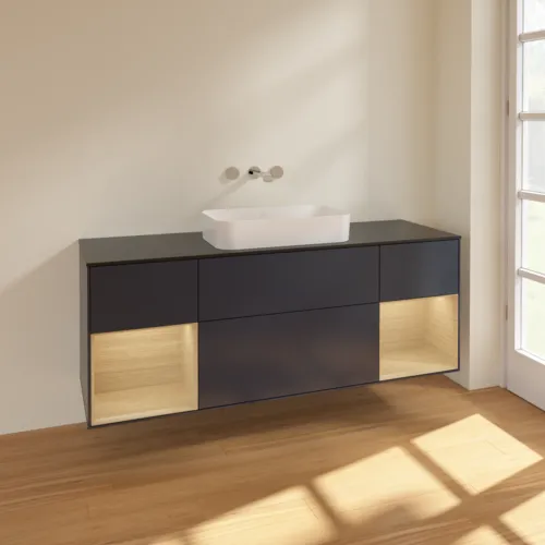 VILLEROY BOCH Toaletní skříňka Finion, s osvětlením, 4 výsuvy, 1600 x 603 x 501 mm, Midnight Blue Matt Lacquer / Dubová dýha / Sklo Black Matt #F742PCHG, obrázek 2