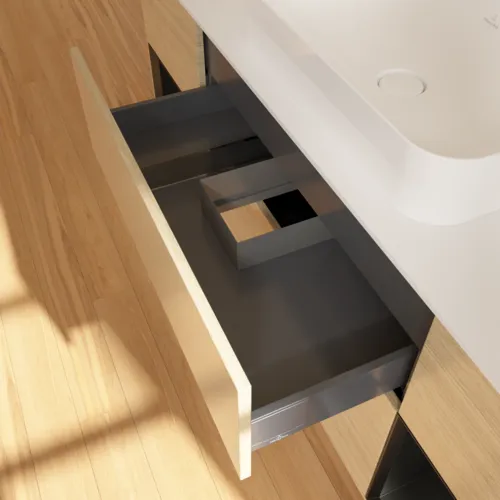 VILLEROY BOCH Toaletní skříňka Finion, s osvětlením, 4 výsuvy, 1600 x 603 x 501 mm, dubová dýha / černý matný lak / bílé matné sklo #F331PDPC, obrázek 8